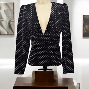 Express Velvet Deep V-Neck Peplum Top Size Small Metallic Polka Dot Long Sleeve